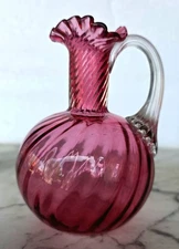 Vintage Cranberry Glass Swirl Ruffle Pitcher Optic Applied Handle Uranium Glow