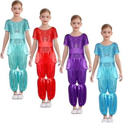 DE Kinder Mädchen Bodysuit Design Tanzkleidung Kurzarm Kostüme Knie Pailletten