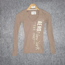 Y2K Aeropostale Womens Thermal Long Sleeve V Neck T Shirt Brown Small New York