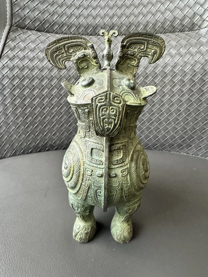 Ancient Chinese Bronze Owl Zun Replica, c.1200 BC Ritual Vessel 6in - Image 4 of 4