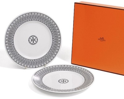 Hermes H Deco Dessert Plate White Tableware Dish 2 set Dinner Auth