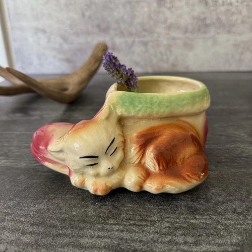 Vintage Mid Century Shawnee Pottery Cat Planter – 1950s Brown Kitten & Shoe