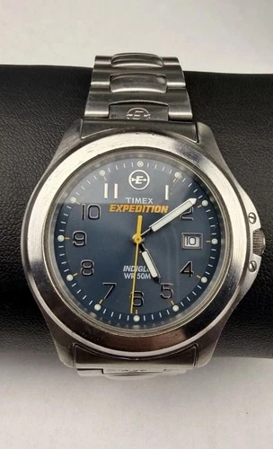 Vtg June 2004 Timex Expedition Stainless Field Watch Men 8” Blue Dial Date Nice