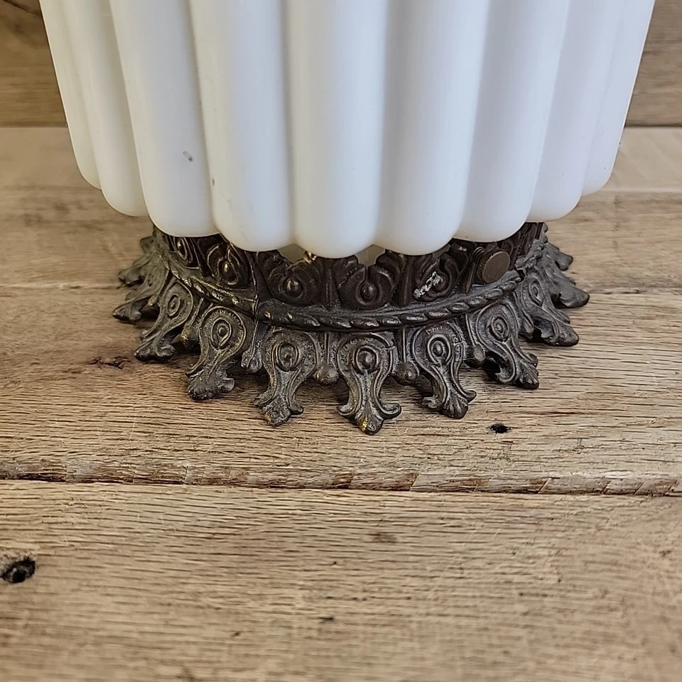 MCM Hanging Light Fixture Ornate Milk Glass & Brass Gothic Revival Swag Lamp - Image 3 of 4