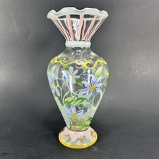 TRACY PORTER Hand Blue Floral Pattern Glass Bud Vase Flowers 6.5”