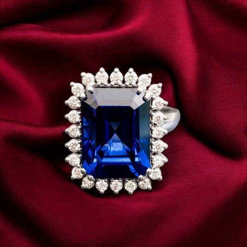 Anillo de diamantes naturales de zafiro azul talla esmeralda cultivado en laboratorio de oro blanco de 18,20 quilates de 18 quilates - Imagen 2 de 10