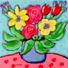 Jeri Dube Original Painting Abstract Collectible Flowers Vase  10" x 10" Canvas