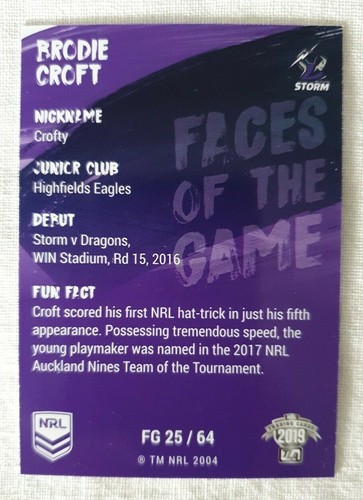 2019 NRL Traders FG25 - Brodie Croft Melbourne Storm - Picture 2 of 2