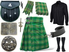 Scottish Men's 10 Pieces Shamrock Sporran Kilt Outfit Wedding Kilt Set