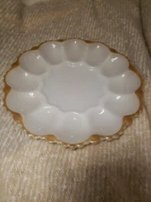 Vintage Anchor Hocking 10” White Milk Glass Deviled Egg Plate W/Gold Trim