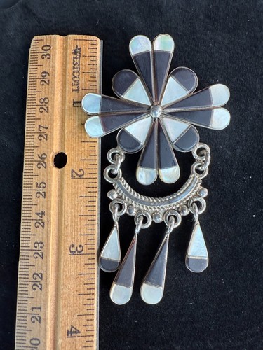 Zuni Sterling Silver Inlay MOP & Onyx Brooch and Pendant by Edaakie 2007 - Picture 4 of 7