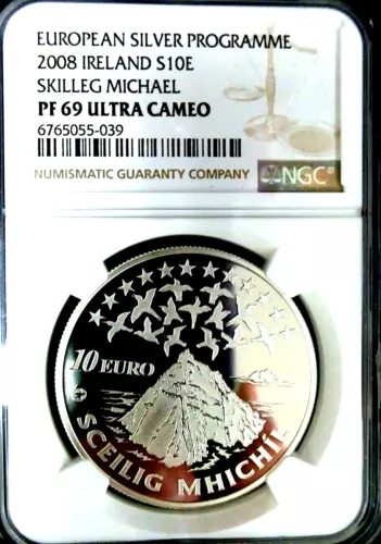 NGC PF69 UC-Ireland 2008 Skellig Michael Island Silver 10 EURO Almost Perfect PF