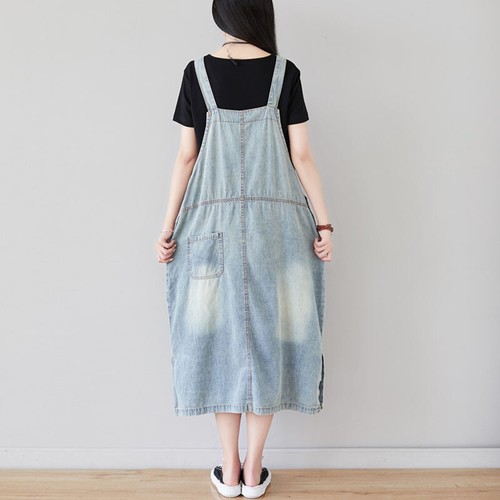 Retro Womens Ripped Denim Long Suspender Skirts Overalls Dress Casual Jumpsuits - Afbeelding 5 van 5