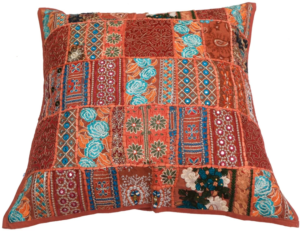 24" Khambadia Indian Embroidered Cushion Cover Patchwork Pillow Sham Throw Brown - Image 4 of 4