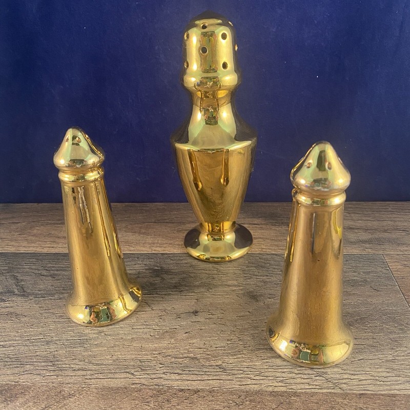 Gold Porcelain Salt Pepper Sugar Castor Set Cork Stoppers Large Set