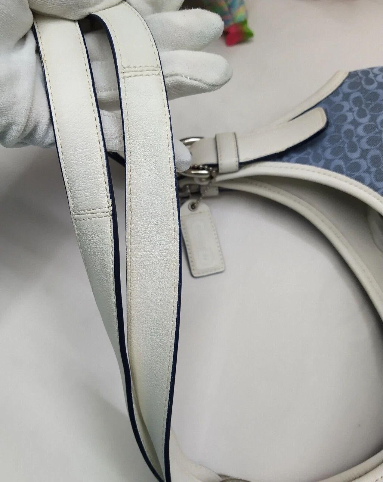 Borsa a tracolla Coach blu tela bianca bordo pelle doppio manico