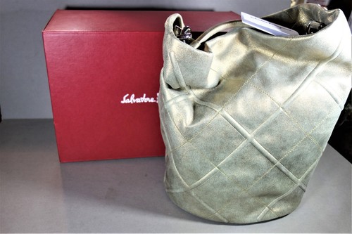 Bolso Hobo de Mano FERRAGAMO Oro Pálido Piel de Cordero Gamuza Metálico Bolso NUEVO - Imagen 2 de 13