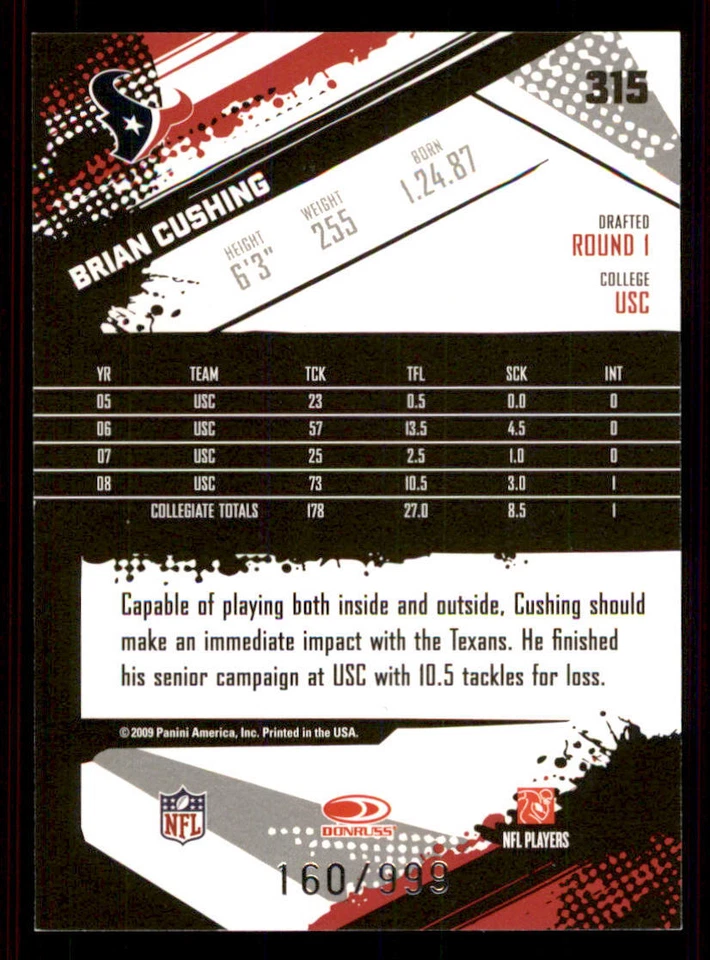 2009 Score Inscriptions #315 Brian Cushing RC /999 - Image 2 of 2