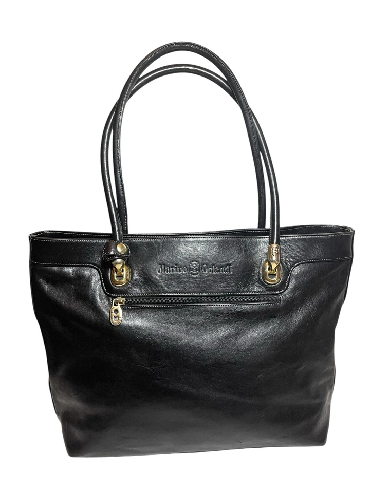 Bolso de Hombro Grande de Colección Marino Orlandi Cuero Cosido Negro con Cremallera ITALIA Foto 3 de 4