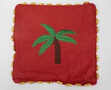 Red Throw Pillow Cover Embroidered Palm Tree 14 X 14 Bamboo Beads Zipper Hawaii