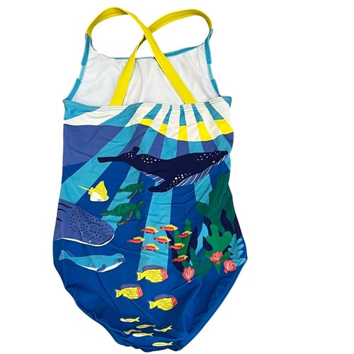 Girls Boden 8-9Y Cross-Back Swimsuit With Ocean Print - Whales Fish & Sun Design - Picture 2 of 4