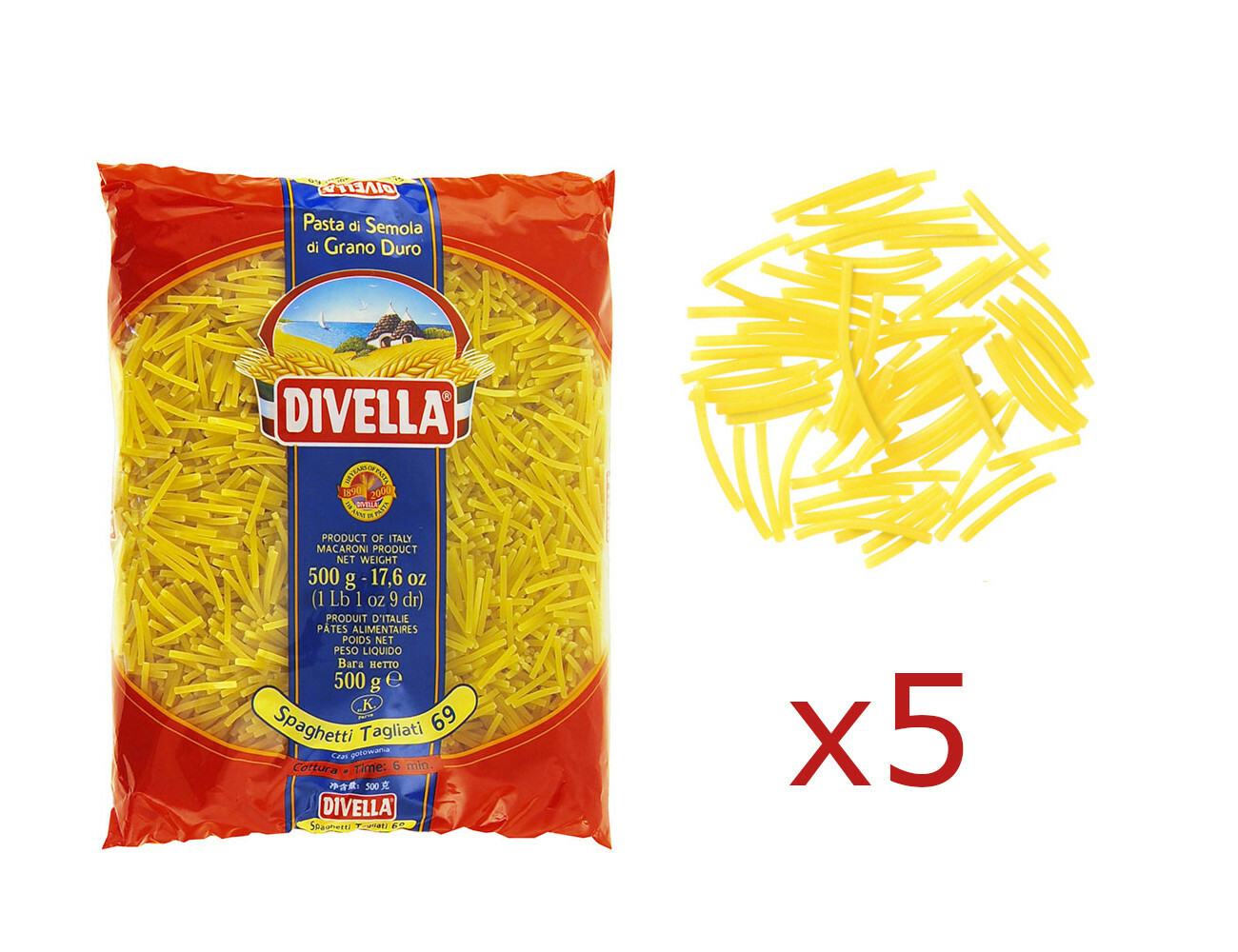 Pasta Divella Italienische SPAGHETTI TAGLIATI aus Hartweizenmehl 5 Stück 500 gr