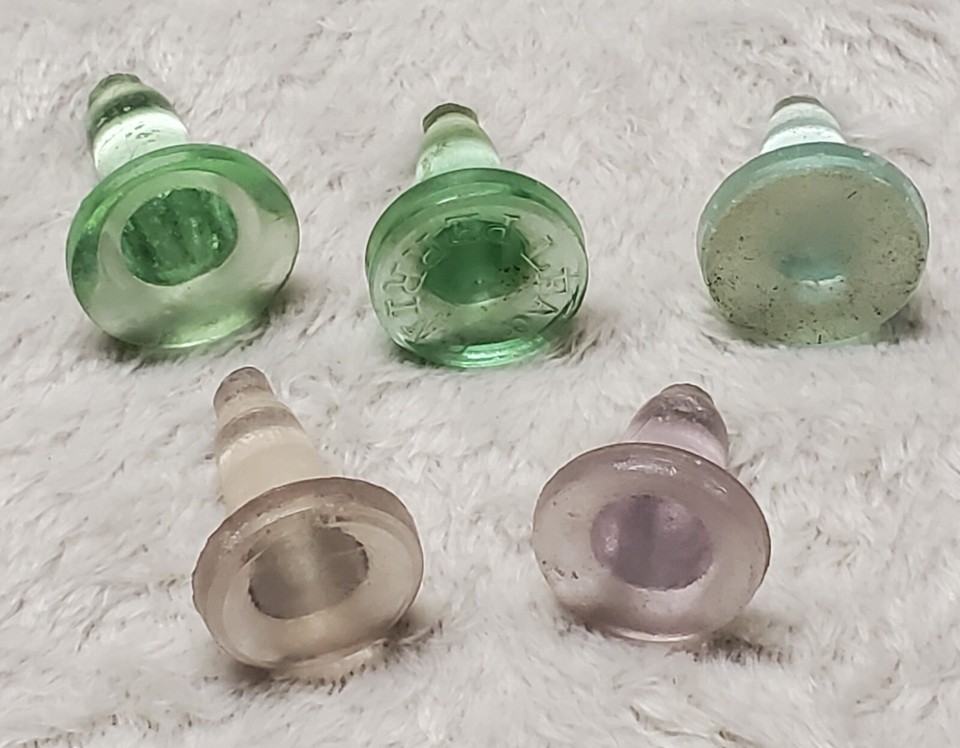 Vintage Lea & Perrins & unbranded Glass Bottle Stoppers 2 Purple & 3
