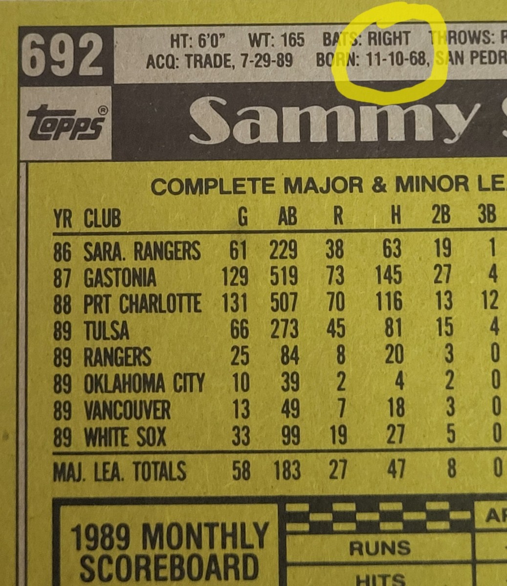 Rare 1990 Topps Sammy Sosa #692 Double Error, DOB, Border Misprint
