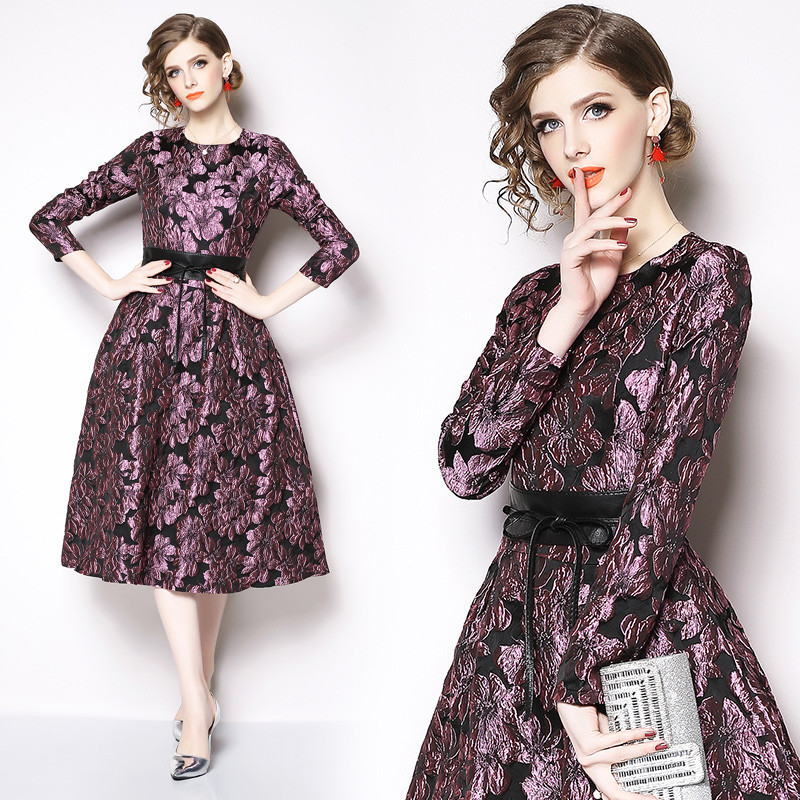 2019 spring women's fashion temperament jacquard weave High Waist A-line Dress 2019 spring women's fashion temperament jacquard weave High Waist A-line Dress