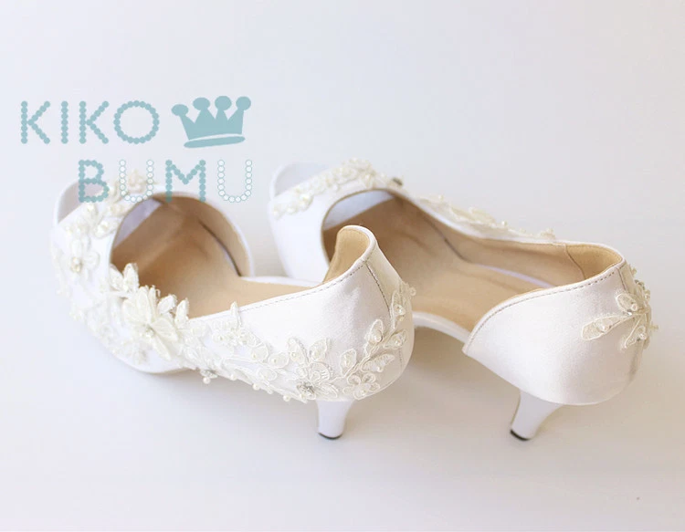 BLANCO MARFIL 2" 3" 4" Punta Abierta Cinta de Satén Nupcial Tacones Bajos Zapatos de Boda Foto 4 de 4