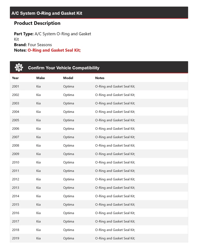 Kit de junta tórica y junta sistema de aire acondicionado Kia Optima 2001-2019 4 estaciones 2002 2003 Foto 2 de 4