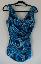 Lands' End 12L Long Navy  Aqua Blue Paisley 1 Pc Faux Wrap Slimming Swimsuit