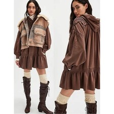 Free People Bohemian Marty Smocked Mini Dress Brown Bear Sweatshirt Tunic Medium