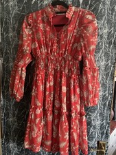 Women red floral long sleeves ruffle contrast dress 10