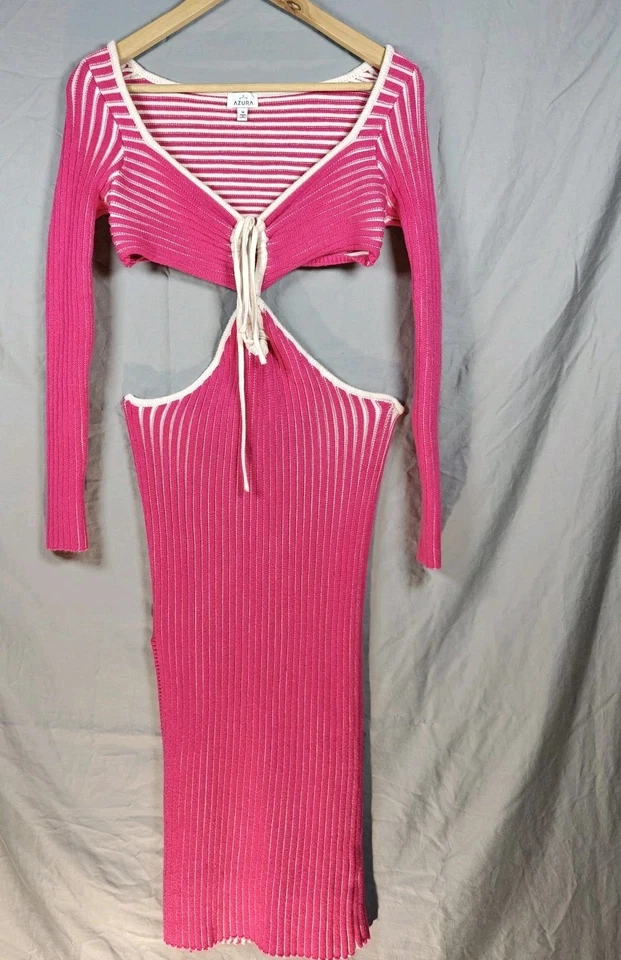 Vestido midi tejido a rayas rosa y blanco Azura corte abdominal ceñido al cuerpo abertura mediana Foto 4 de 4