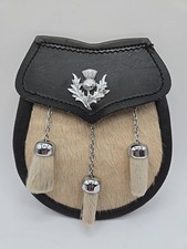 Men's Scottish Leather Sporran White Fur Kilt Highland Thistle Badge no chain