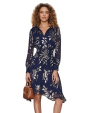 DELFI Collective Rochelle Dress Navy Blue Metallic Silk Bishop Sleeve Mini NWT -