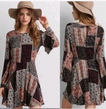 American Eagle Patchwork Print Mini Dress Sz Large Long Bell Sleeve Boho Fairy