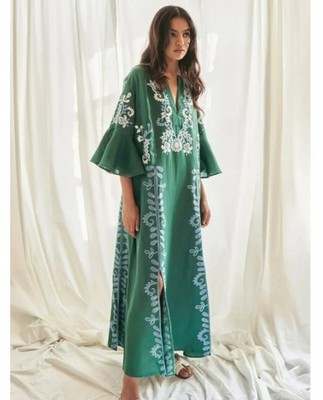 March 11 Womens Annabelle Floral Embroidered Linen Maxi Kaftan Dress Sz XS NWT