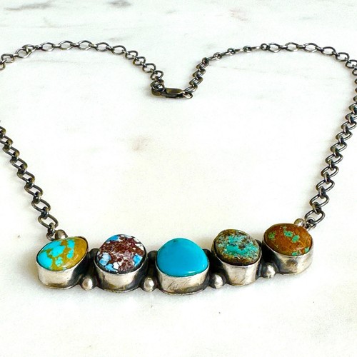 Navajo Bar Necklace Mixed Turquoise 20" Sterling Choker Signed F Edsitty - Picture 5 of 11