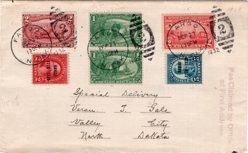 Spec D cover, Fargo, ND, Sc #285 PR, 286, 372, 647 & 648; WIPA poster stamp;1932
