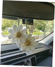 Crochet Daisy Car Accessories For Women Cute Rear View Mirror Hanging White Crochet Daisy Car Accessories For Women Cute Rear View Mirror Hanging White