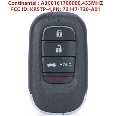 Uncut Smart Remote KEY 4Button for 2022 HONDA ACCORD CIVIC 72147-T20-A01 KR5TP4