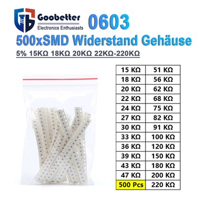 500xStück SMD Widerstandssortiment 5%,Widerstände Bauform 0603 Werte 15KΩ~220KΩ
