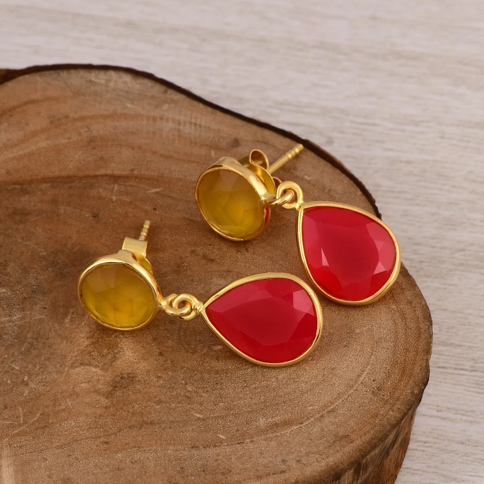 Pendientes colgantes de piedras preciosas naturales con pendientes de calcedonia rosa y amarilla Foto 3 de 4