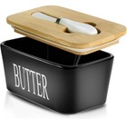 Large 650ml Porcelain Butter Dish Glossy Black w/Bamboo Lid & Small Butter Knife