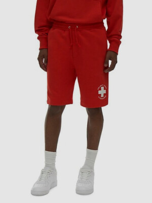 $220 Helmut Lang Men's Red Lifeguard Cotton Logo Sweat-Shorts Size S