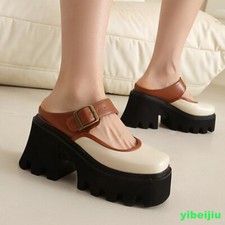 Women's High Block Heel Platform Slippers Mules Slides Sandals Shoes Square Toe