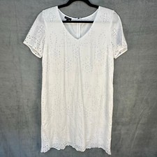 Talbots Dress Womens 10 White Eyelet Floral Short Sleeve V Neck Preppy Church