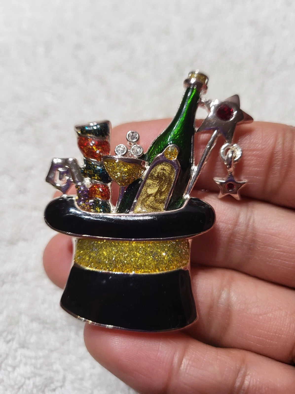 Colorful Enamel Party Bottle   Wine glass  in a Hat w  Dangling Star Silver tone